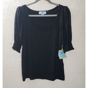 NWT CeCe Sz S Small Black Blouse Shirt Top Puff Short Sleeve Stretch Rayon Smock